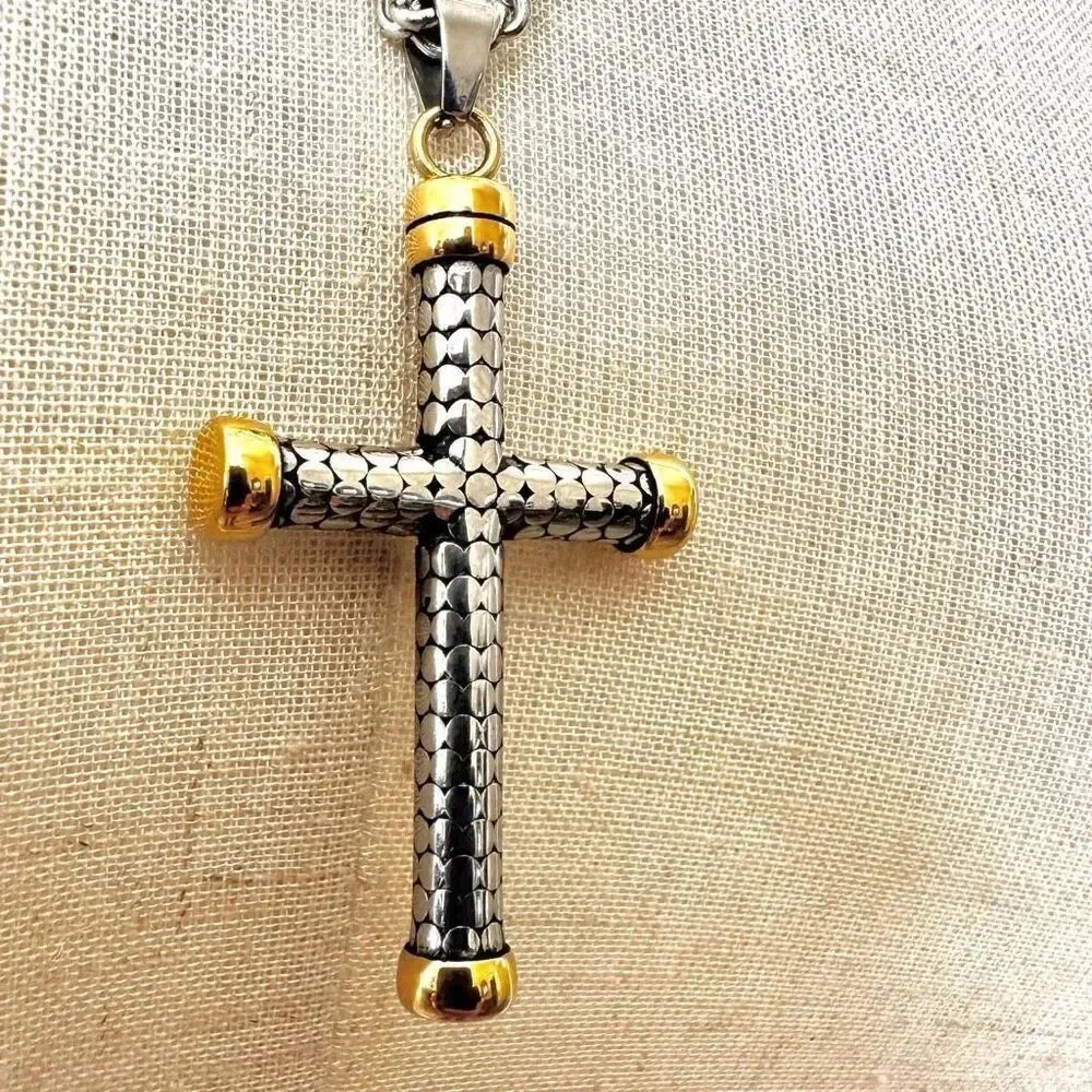 Gold tone stainless steel cross pendant necklace